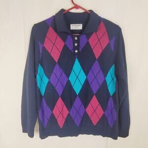 Vintage Alfred Dunner blue argyle sweater Size small Made in USA Retro Preppy